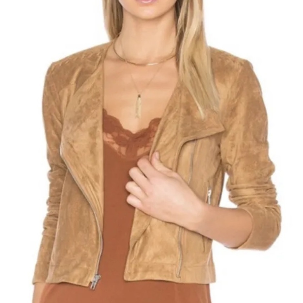 BB Dakota Faux Suede Vegan Moto Jacket Womens Large Brown Front Zip Woven